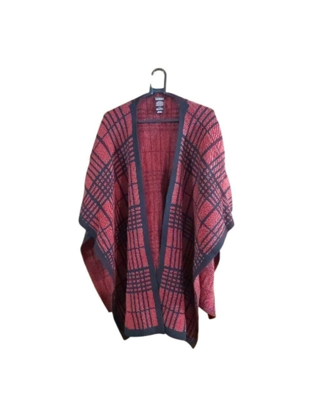 Nicole Miller Knit Cape Cardigan Open Front Plaid Burgundy Black Oversized Wrap